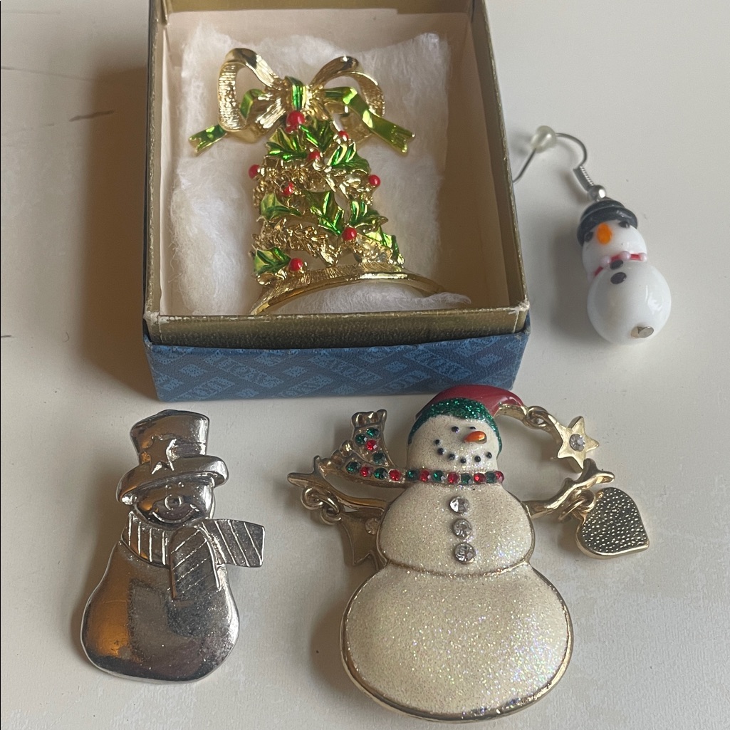 Vintage Festive Snowman And Christmas Tree Brooch Set